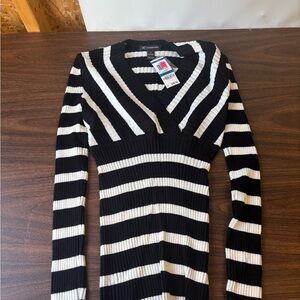 INC International Concepts Black and White Striped V-Neck Top